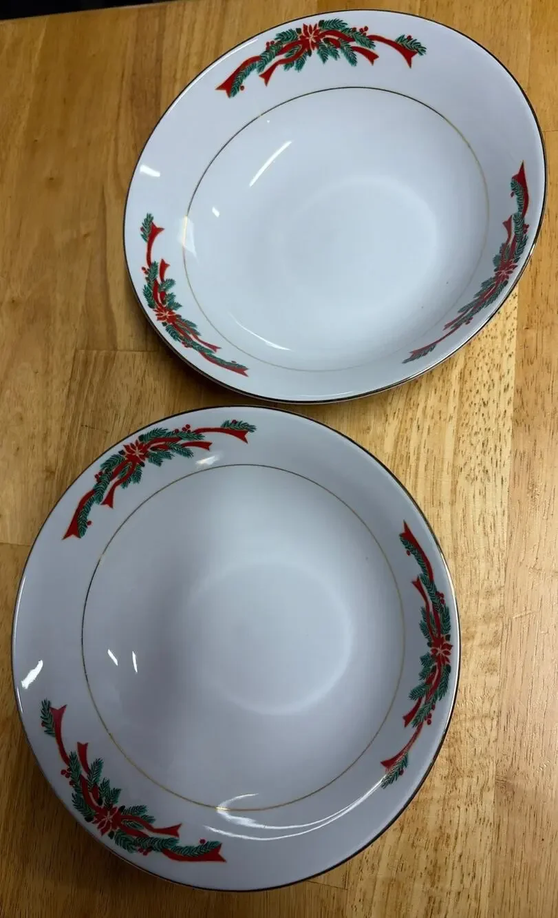 Vintage Lot Of 2 - TIENSHAN Poinsettia and Ribbons 9.25” Serving Bowl China